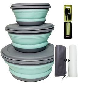 3pcs/set Silicone Collapsible Camping Bowls With Lid (Color: Blue)