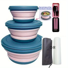 3pcs/set Silicone Collapsible Camping Bowls With Lid (Color: pink)