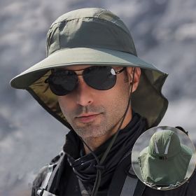 Wide Brim Sun Screen Hat with Neck Flap Adjustable Waterproof (Color: Army Green)