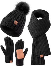 3 in 1 Set Winter Beanie Hat Scarf Gloves Set for Women (Color: black)