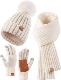 3 in 1 Set Winter Beanie Hat Scarf Gloves Set for Women (Color: White)