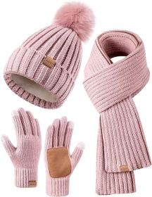 3 in 1 Set Winter Beanie Hat Scarf Gloves Set for Women (Color: pink)