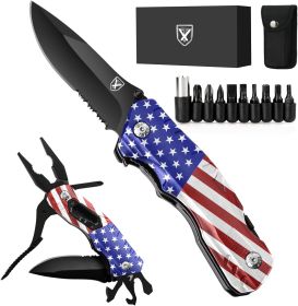 9 in 1 Multi-Tool Pocket Folding Blade Knife for Camping (Color: American Flag)