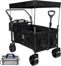 Collapsible Heavy-Duty Folding Wagon Cart with Canopy (Color: black)