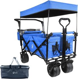 Collapsible Heavy-Duty Folding Wagon Cart with Canopy (Color: Blue)