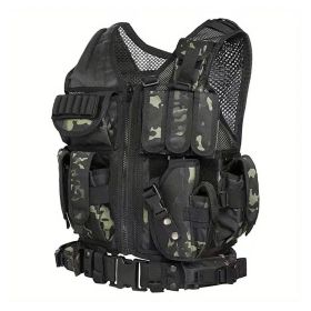 Tactical Vest for Men with Detachable Belt and Holster for Pistol (Color: Black CP)